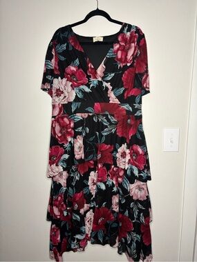Floral V-Neck Tiered Midi Dress - Black with Pink & Red Blooms